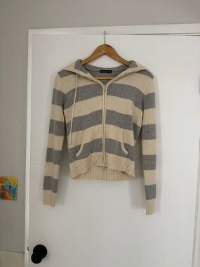 Brandy Melville Striped Zip Hoodie in Cream & Gray
